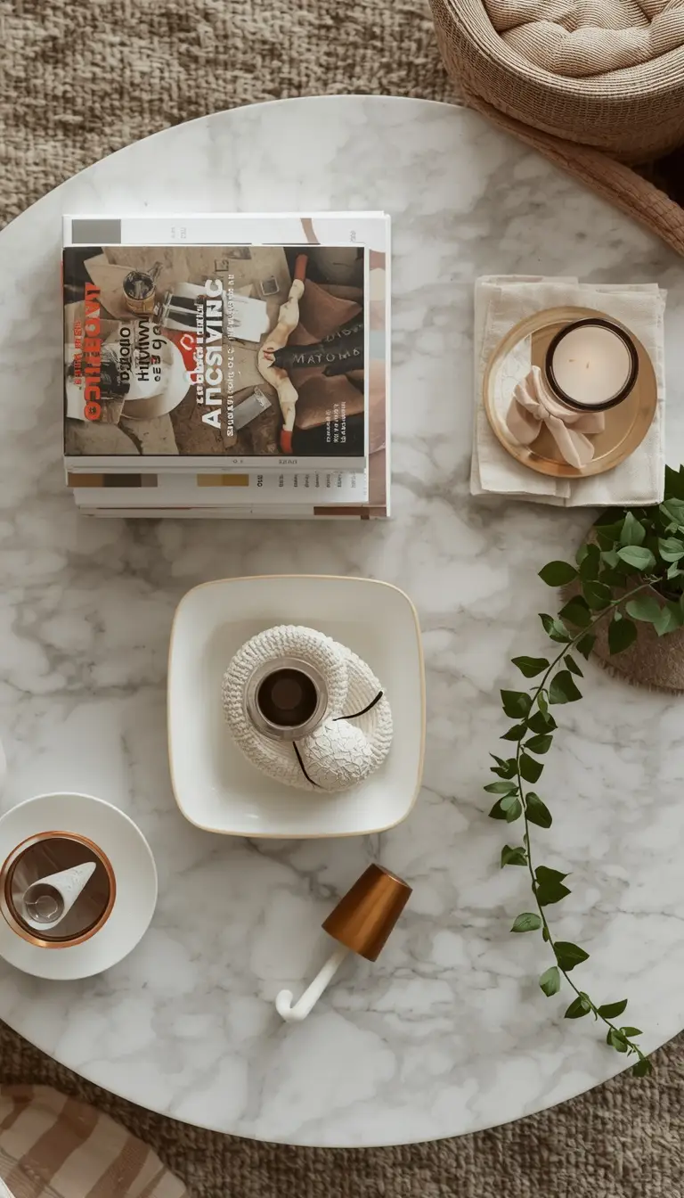  Styled modern apartment living room coffee table with books tray candle and small plant on marble surface